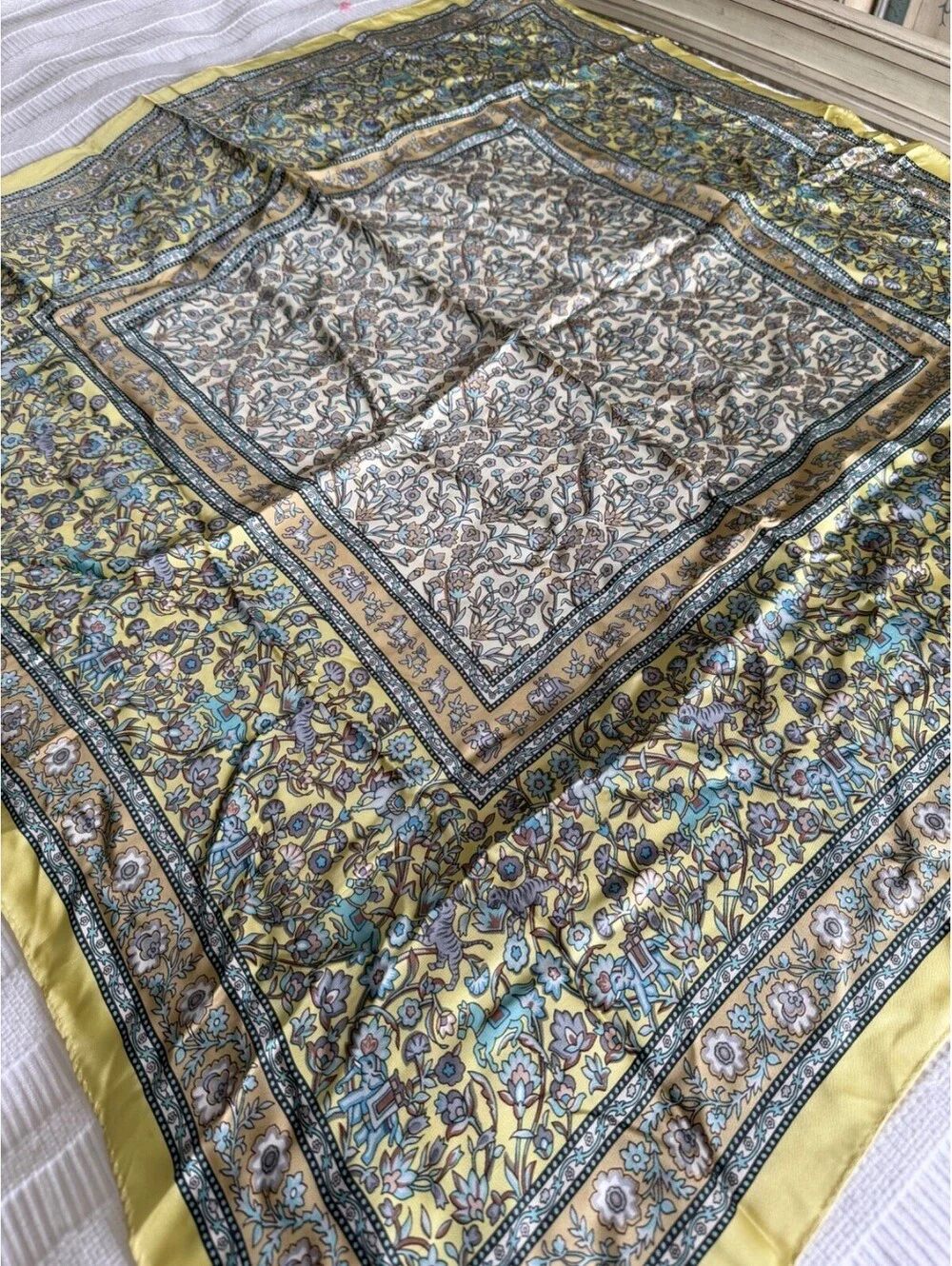 Lui Chantant Silk Scarf Vintage Animal Floral Print Elephant Tiger Yellow 33